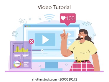System analyst online service or platform. IT technologies and systems for business efficiency optimization. Video tutorial. Flat vector illustration