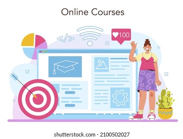 System analyst online service or platform. IT technologies and systems for business efficiency optimization. Online course. Flat vector illustration