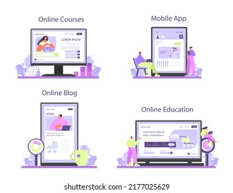 System analyst online service or platform set. IT technologies and systems for business efficiency optimization. Online courses, education, blog, mobile app. Flat vector illustration