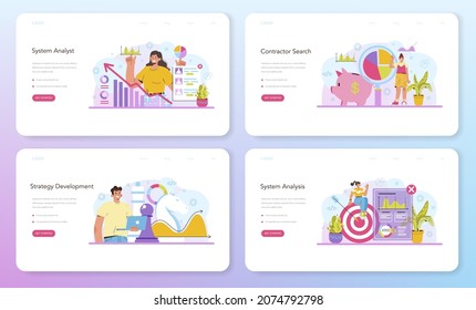 System analyst web banner or landing page set. IT technologies and systems for business efficiency optimization. Big date based development of business strategy. Isolated flat vector illustration