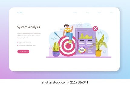 Analista de sistemas banner web o página de inicio. Tecnologías y sistemas de TI para la optimización de la eficiencia empresarial. Gran desarrollo basado en fechas de la estrategia empresarial. Ilustración vectorial plana aislada