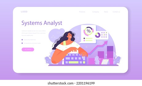 System analyst web banner or landing page. IT technologies and systems for business efficiency optimization. Big date based development of business strategy. Isolated flat vector illustration