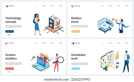 System analytics of modern trends, scheduled work technology set vector illustration. Cartoon tiny people plan projects, work with magnifying glass and telescope on analysis of effective strategy