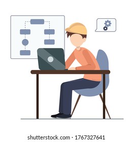 System Architect Working On Laptop. Web Development Concept. Isolated On White Background. Vector Flat Illustration.