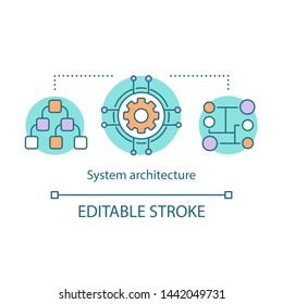 System architecture concept icon. Organization structure,model idea thin line illustration. Management. Enterprise hierarchy, departments. Strategic plan. Vector isolated drawing. Editable stroke