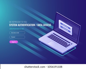 System of authentication, data access, user login form on laptop screen, IT isometric 3d vector