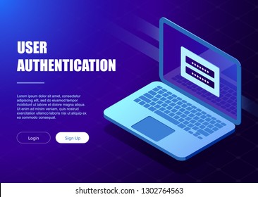 System of authentication, data access, user login form on laptop screen. User sign up or sign in page, feedback, laptop with authorization form, web page template banner isometric vector