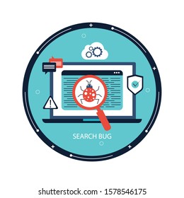 
System bug concept. Code bug concept. Vector bug in the system. Bug searching. Vector illustration
