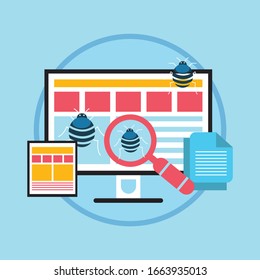 System bug concept. Code bug concept. Vector bug in the system. Bug searching. Vector illustration