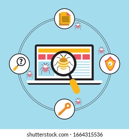 System bug concept. Code bug concept. Vector bug in the system. Bug searching. Vector illustration