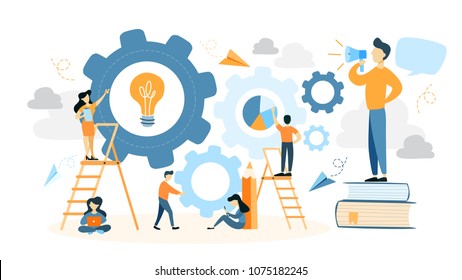 System building illustration. People making gears and cogs.