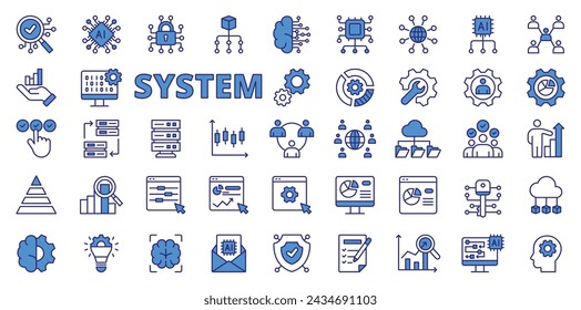 System business icons in line design, blue. System, business, process, management, strategy, efficiency, technology isolated on white background vector. System business editable stroke icons.