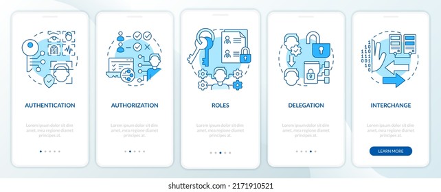 Pantalla de aplicación móvil en conexión azul de las funciones del sistema. Recorrido de autorización 5 pasos instrucciones gráficas editables con conceptos lineales. UI, UX, plantilla GUI. Multitud de tipos de letra Pro-Bold, con uso regular
