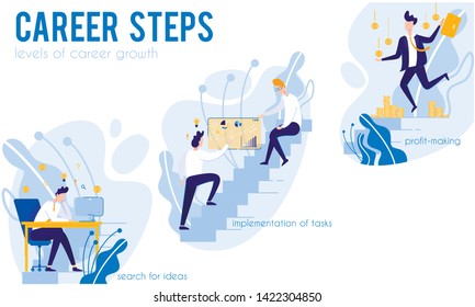 System Career Steps. Levels Career Growth. Career Steps. Levels Career Growth. Search for Ideas. Implementation Tasks. Profit-Making. From Poverty to Wealth. Achive Goal. Vector Illustration.