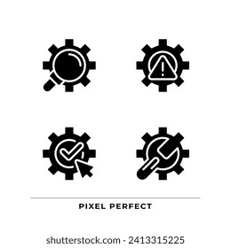 System changes black glyph icons set on white space. Extended search. Complete and save changes. Technical repair. Silhouette symbols. Solid pictogram pack. Vector isolated illustration