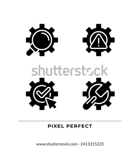 System changes black glyph icons set on white space. Extended search. Complete and save changes. Technical repair. Silhouette symbols. Solid pictogram pack. Vector isolated illustration