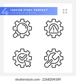 El sistema cambia el conjunto de iconos vectoriales lineales de gradiente perfecto de píxeles. Búsqueda extendida. Complete y guarde los cambios. El símbolo de contorno delgado diseña el paquete. Colección de ilustraciones de esquema aisladas