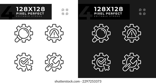 System changes pixel perfect linear icons set for dark, light mode. Extended search. Complete and save changes. Thin line symbols for night, day theme. Isolated illustrations. Editable stroke