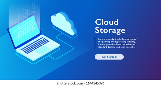 	
System of cloud storage, laptop uploading data, backup information isometric vector illustration