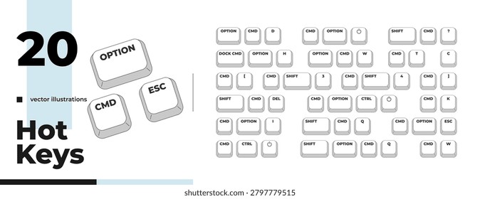System commands grayscale keyboard hotkey pack. Device navigation tutorial. Workflow functions. Minimal shortcut keys collection. Monochrome combination buttons for productivity. Vector illustration