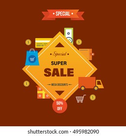 System concept of super discounts and special offers. Vector illustration.