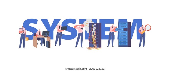 System Concept, Sysadmin Character Working on Computer, Doing Technical Work With Server Rack. Support and Administration, Networks Maintenance Poster, Banner or Flyer. Cartoon Vector Illustration