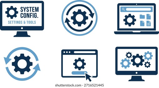 Conjunto de iconos de configuración del sistema, símbolos de engranajes y flechas, Configuraciones de software, herramientas del Actualizar, Vector azul para TI e IU