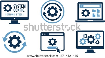 System configuration icon set, gear and arrow symbols, software settings, update tools, blue vector for IT and UI