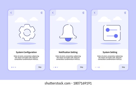 System configuration notification setting system setting onboarding screen for mobile apps template banner page UI with three variations modern flat outline style