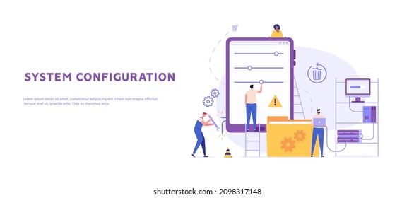 System configuration and settings concept. IT service controlling phone system and mobile app. sysadmin administrator connecting to network. Repairman fix errors. Vector illustration for web design