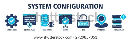 System Configuration web banner icon vector illustration concept with icons of setting code, control panel, data setting, coding process, DNS management, IP address, and server alert monitoring.