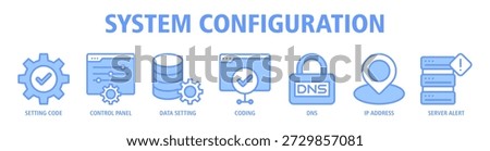 System Configuration web banner icon vector illustration concept with icons of setting code, control panel, data setting, coding process, DNS management, IP address, and server alert monitoring.