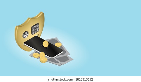 System for control and prevention or protection the financial information in mobile phones security, concept smart phone safety advertising and ensuring financial transactions for vector illustration