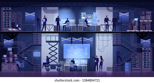 En la sala de control de sistemas, el operador y el administrador están sentados en sus estaciones de trabajo con varias pantallas que muestran información gráfica y logística. Ilustración del vector