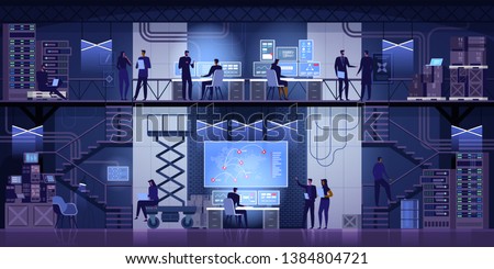 In the System Control Room Operator and Administrator Sitting at Their Workstations with Multiple Displays Showing Graphics and Logistics Information. Vector illustration