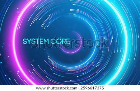 System core depicted with a glowing circular center surrounded by vibrant light streaks. Big data and data science integration with advanced technology and artificial intelligence concepts.