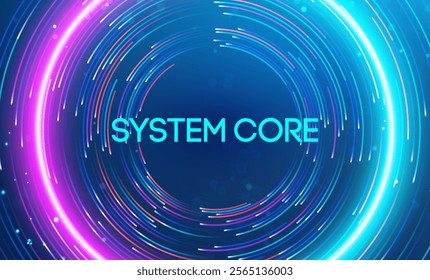 System core illuminated by vibrant neon swirls and dynamic energy flow. Big data and data science integration with advanced technology and artificial intelligence concepts.