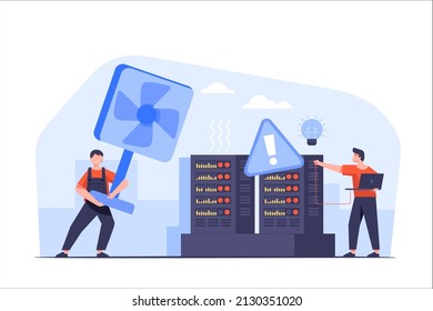 System critical failure alert system message. Data center view of server room with workers racks and heat removing system. High temperature overheat error