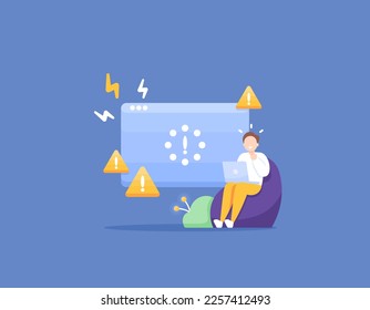 The system is damaged, an error occurs during the process, the laptop hangs or freezes. a male user panicked because his laptop was inoperable. using notebook. problems and technology. illustration