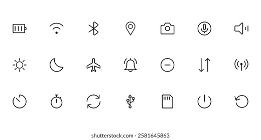 System and Device Icons. Essential UI Elements. Battery, WIFI, Camera, and Social Media Icons for Mobile Apps, Websites, and Software. Minimalistic, Flat Design, Line Icons.