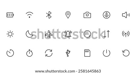 System and Device Icons. Essential UI Elements. Battery, WIFI, Camera, and Social Media Icons for Mobile Apps, Websites, and Software. Minimalistic, Flat Design, Line Icons.