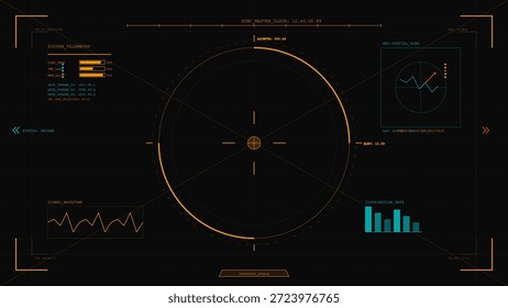 A system display shows data metrics and visual graphs. There are various readouts and graphs indicating statistics and numerical values, with a focus on a circular gauge.
