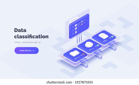 System of electronic classification of corporate data. Monitor with data about system files. Classification of files, folders, reports, graphs. Vector illustration isometric style, 3D