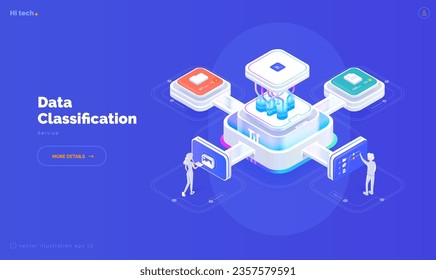 System of electronic classification of corporate data. Monitor with data about system files. Classification of files, folders, reports, graphs. Isometric vector illustration 3d style on blue backgroun