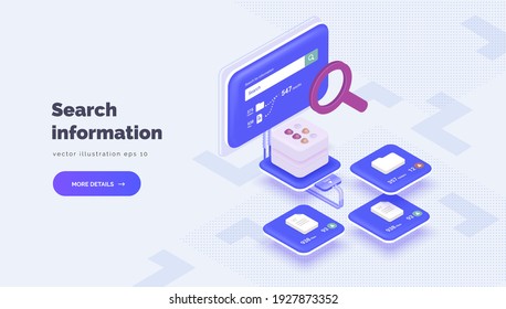 System of electronic classification and search of corporate data. Fast data search. Classification of files, folders, reports, graphs. Vector illustration isometric style, 3D