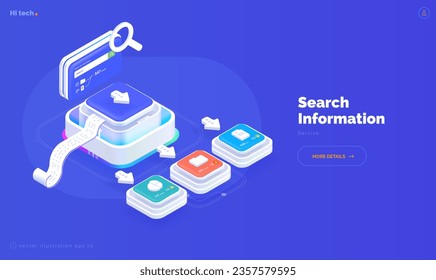 System of electronic classification and search of corporate data. Quick data search. Classification of files, folders, reports, graphs. Isometric vector illustration 3d style on blue background