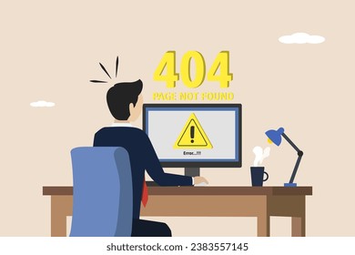 System error, 404, software problem, security warning or device virus, prevention or maintenance concept, young businessman fixing 404 failure message on computer.