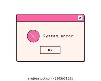 System error alert, notification. Dialog window with warning message, failure and OS problem information in retro 90s style. Digital mistake. Flat vector illustration isolated on white background