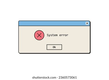 System error alert and notification, failure, os problem information, dialog window with warning message, digital mistake in retro 90s style on white background flat vector illustration.