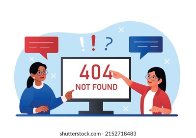 System error concept. Girls entered link incorrectly, error in code. Programmers and technical support evaluate of companys website, IT specialists at workplace. Cartoon flat vector illustration